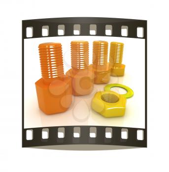 Colorful nuts and bolts on a white background. The film strip
