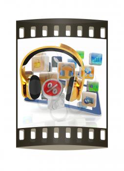 Phone gold on tablet pc with cloud of media application Icons, and percent on a white background. The film strip