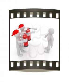 3d mans with red fire extinguisher. The concept of confrontation on a white background. The film strip