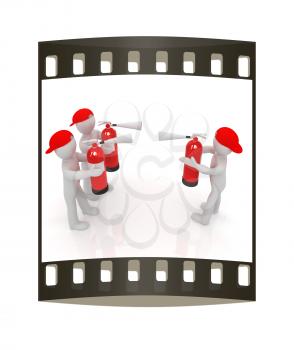 3d mans with red fire extinguisher. The concept of confrontation on a white background. The film strip