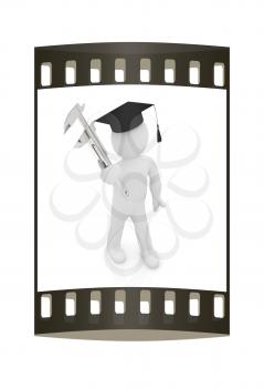 3d man in graduation hat with vernier caliper on a white background. The film strip