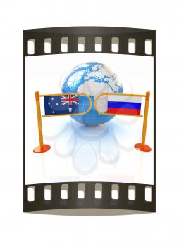Three-dimensional image of the turnstile and flags of Russia and Australia on a white background. The film strip