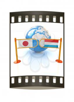 Three-dimensional image of the turnstile and flags of Japan and Luxembourg on a white background. The film strip