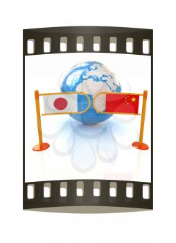 Three-dimensional image of the turnstile and flags of China and Japan on a white background. The film strip