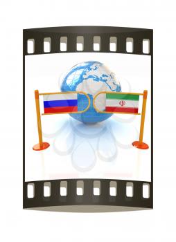 Three-dimensional image of the turnstile and flags of Russia and Iran on a white background. The film strip