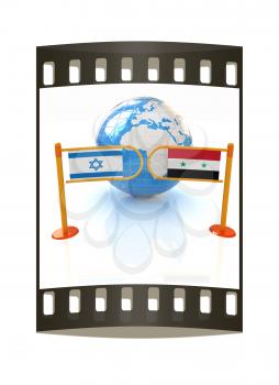 Three-dimensional image of the turnstile and flags of Israel and Syria on a white background. The film strip