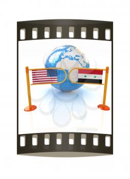 Three-dimensional image of the turnstile and flags of USA and Syria on a white background. The film strip