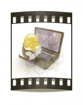 Hard hat and earth on a laptop on a white background. The film strip