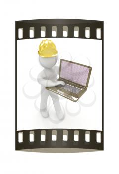 3D small people - an engineer with the laptop on a white background. The film strip