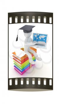 3d man in graduation hat with laptop sits on a colorful glossy boks on a white background. The film strip