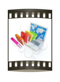 Colorful books flying and laptop on a white background. The film strip