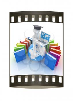 3d man in graduation hat sitting on earth and working at his laptop and books around his on a white background. The film strip
