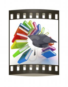 Colorful books like the rainbow and graduation hat on a white background. The film strip