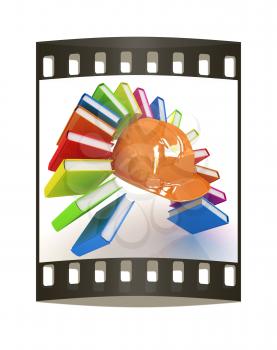 Colorful books like the rainbow and hard hat on a white background. The film strip