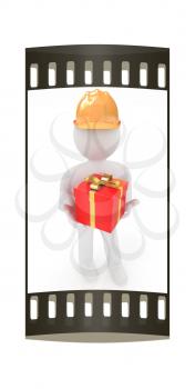3d man in hard hat with gift on a white background. The film strip