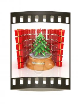 Christmas tree and gifts on a white background. The film strip