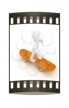 3d white person with a skate and a cap. 3d image on a white background. The film strip