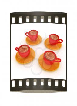 Coffee cups on saucer on a white background. The film strip