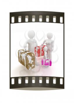 Family travel concept on a white background. The film strip