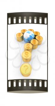 Question mark in the form of gold coins with dollar sign on a white background. The film strip