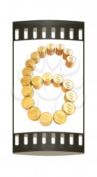 Number six of gold coins with dollar sign isolated on white background. The film strip