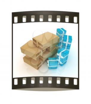 Cardboard boxes and gifts on a white background. The film strip