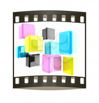 Glossy CMYK cubes on white. The film strip