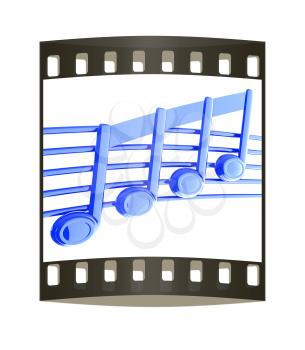 3D music note on stave on a white. The film strip