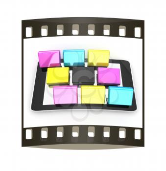 Tablet PC with colorful CMYK application icons isolated on white background. The film strip