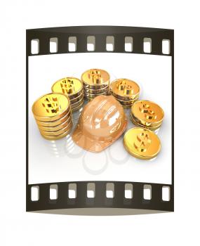 gold coin ctack around hard hat on a white background. The film strip