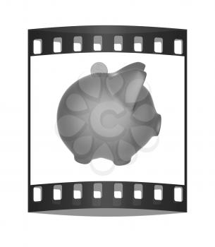 piggy bank and falling coins on white background. The film strip