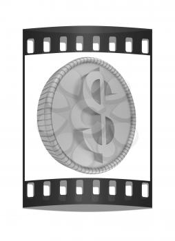 Gold dollar coin. Illustration isolated on white background. 3d render. The film strip