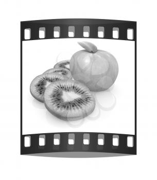slices of kiwi and apple on a white. The film strip