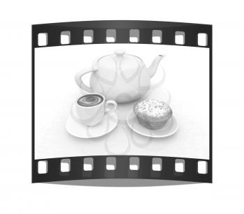 Appetizing pie and cup of coffee on a white background. The film strip