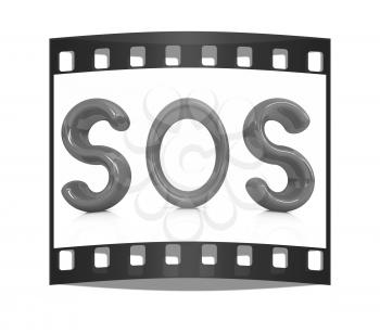 3d red text sos on a white background. The film strip