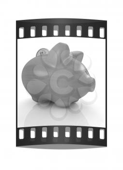 Wooden piggy bank and falling coins. The film strip