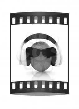 kiwi with sun glass and headphones front face on a white background. The film strip