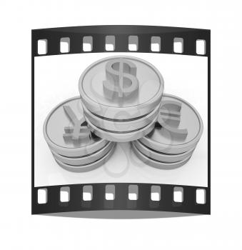 gold coins with 3 major currencies on a white background. The film strip