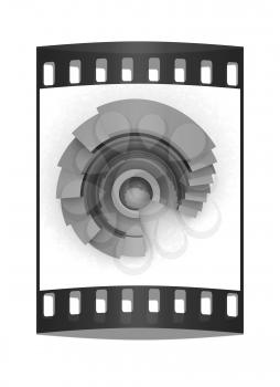 Abstract structure with blue bal in the center on a white background. The film strip