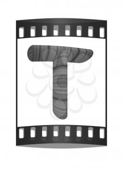 Wooden Alphabet. Letter T on a white background. The film strip