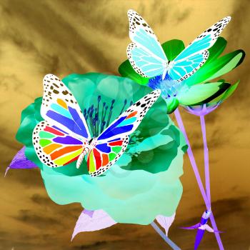 Beautiful Flower and butterfly against the sky 