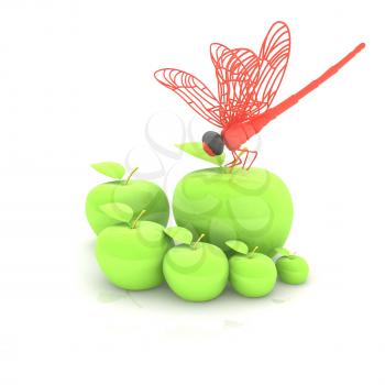 Dragonfly on apple. Natural eating concept