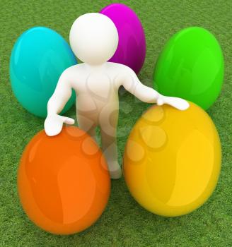 3d small person holds the big Easter egg in a hand. 3d image. On green grass