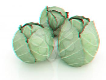Green cabbage on a white background. 3D illustration. Anaglyph. View with red/cyan glasses to see in 3D.