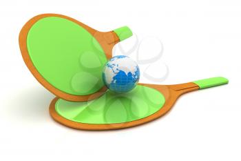 Rackets for playing table tennis and Earth. Global concept. 3D rendering