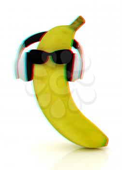 banana with sun glass and headphones front face on a white background. 3D illustration. Anaglyph. View with red/cyan glasses to see in 3D.