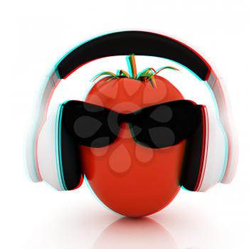 tomato with sun glass and headphones front face on a white background. 3D illustration. Anaglyph. View with red/cyan glasses to see in 3D.
