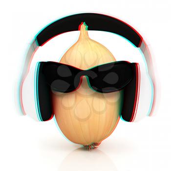 Ripe onion with sun glass and headphones front face on a white background. 3D illustration. Anaglyph. View with red/cyan glasses to see in 3D.