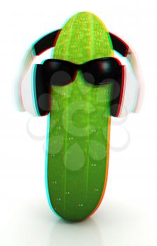 cucumber with sun glass and headphones front face on a white background. 3D illustration. Anaglyph. View with red/cyan glasses to see in 3D.