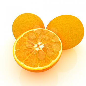 half oranges and oranges on a white background. 3D illustration. Anaglyph. View with red/cyan glasses to see in 3D.